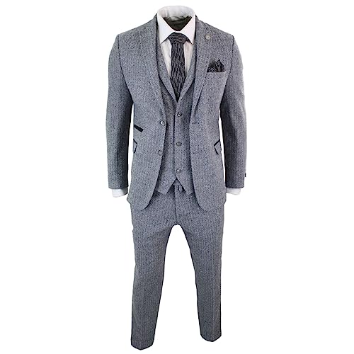 Mens Light Grey 3 Piece Tweed Suit Herringbone Wool Vintage Retro3
