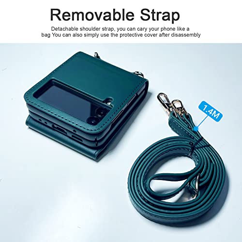 Vizvera Samsung Galaxy Z Flip 3 Case With Hinge Protection, Card Slot + Pc Non-Slip Bottom Shell + Leather +Removable 1.4M Strap, Fashion Satchel For Z Flip 3 (Green) #TOP6