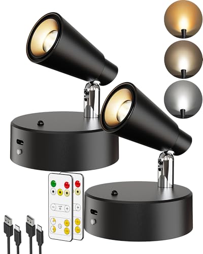 LYTARA LED Spotlights Indoor 5000mAh Rechargeable Battery Powered Picture Lights Dimmable&Timer 3CCT Cordless LED Uplights with Remote Accent Lighting for Artwork Plants Painting (Black 2Pcs)