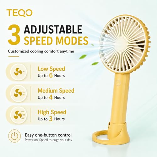 Image of TEQO Rechargeable Hand Fan 4800 RPM High Speed | 1200mAh Battery, Up to 6 Hours Runtime | Portable USB Fan with Mobile Stand & RGB Light | 3 Speed Personal Mini Fan for Travel, Makeup (Yellow)