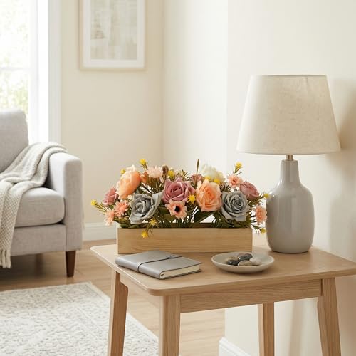 Image of Dekorly Artificial Rose Flower Arrangement with Wooden Planter (24 CM) | Premium Realistic Floral Decor for Table & Living Room | Stylish Indoor Decor for Living Room