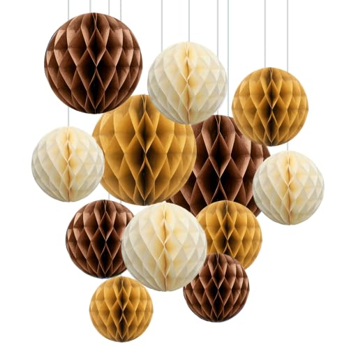 Image of ZOOYOO 12Pcs 6 inch 10 inch Honeycomb Balls Decorations Hanging Tissue Paper Pom Poms for Boho Wedding Birthday Party Baby Shower Fall Decorations(Brown White)
