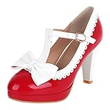 high heels mary janes MISSUIT Damen T Steg High Heels Blockabsatz Mary Jane Pumps Plateau mit Riemchen Lack Schleife(Rot,38)