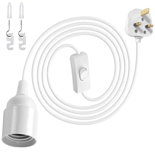 Image of E27 Plug in Pendant Light, 2 Core Cable Plug with On/Off Switch with 13A Fuse 1.8m(5.9ft) Lamp Cable Plug in Ceiling Light, Pendant Light Ceiling Lighting Fitting for Creating an Atmosphere, White
