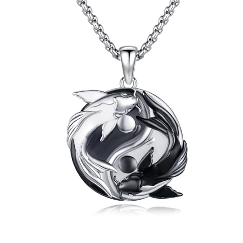 OHAYOO Yin Yang Collier en argent sterling 925 - Pendentif Yin Yang - Chaînes partenaires - Poisson koi - Bijoux homme et femme, Standaard, Argent sterling