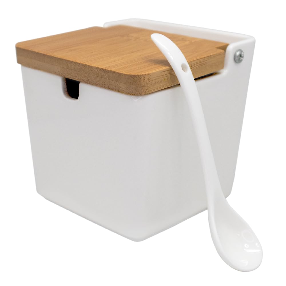 NERTHUS FIH 1335 Extra Large Square Porcelain Salt Shaker with Wooden Lid and Spoon, Elegance and Functionality in The Kitchen
