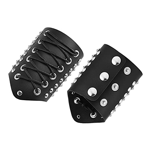 STWTR Men's Wide Cuff Wristband Punk Rock Motorcycle Wide Belt Leather Stainless Steel Rivet Wristband4