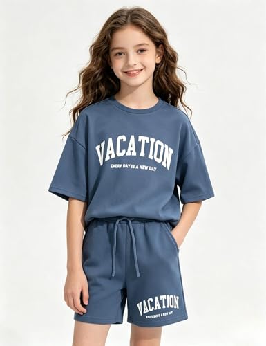 Image of Size 6-12 Years Girl's Tracksuit Sets 2 Piece Outfits Letter Print Vacation Tee Top and Drawstring Waist Shorts
