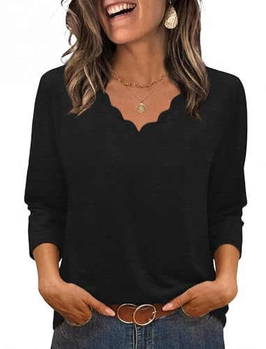 WIHOLL Blouses for Women Dressy Casual 2026 Summer V Neck 3/4 Length Sleeve Ladies Business Work Blusas Tops Teacher Outfits Fall Fashion Tunic Shirts for Leggings Plus Size Black XL