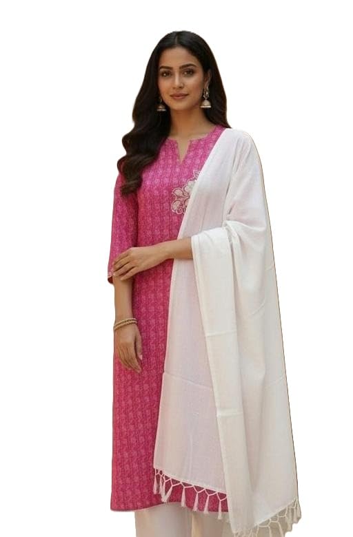 Image of Women Three Piece Kurta Set with Dupatta and Pant Modern Ethnic Design for Office and Traditional Occasions