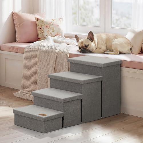 Image of Zerbuger Dog Stairs with Storage 23 inch H, 4-Step Wider Dog Steps for High Beds Window, Folding Sturdy Pet Stairs Gift for Injured Old Dogs Cats, Ramp for Climbing Car Up to 200 lbs,(Gray, No Condo)