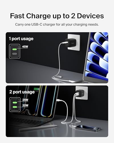 Image of Belkin 45W Dual USB C Charger Block, PD3.0 w / GaN - Super Fast Charging - Samsung Galaxy S25, Apple iPhone 17, Air, Pro, Pro Max, iPad, MacBook, AirPods, Apple Watch, Nintendo Switch 2 & More - Black