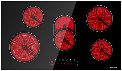 Electric Cooktop, thermomate 36 Inch Built-in Radiant Electric Stove Top, 240V Ceramic Electric Stove with 5 Burners, 9 Heating Level, Timer & Kid Safety Lock, Sensor Touch Control