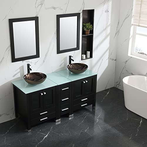 Sliverylake 60" Black Mdf Double Sink Bathroom Vanity Storage Cabinet And Vessel Sink Bowl With Mirrors Faucet Drain Combo(Gold) #TOP2