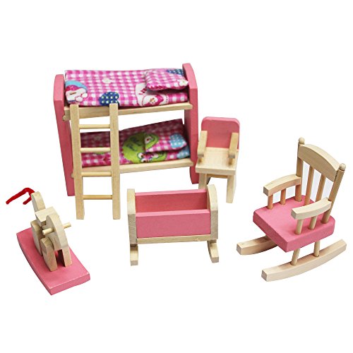 Super Cute Wooden Dollhouse Funiture Miniature Pink Bunk Bed Set Toy Dollhouse Accessories for Kids Play House Game