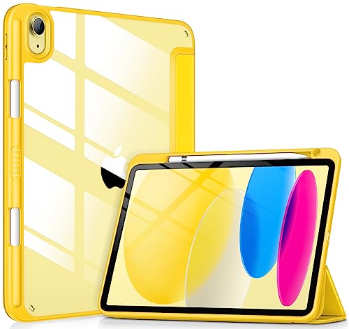 VIKESI Case for iPad (A16) 11-inch 2025 and iPad 10th Generation 10.9 Inch 2022 Clear Back and TPU Shockproof Frame Cover [Built-in Pencil Holder Support Auto Sleep/Wake] - Yellow