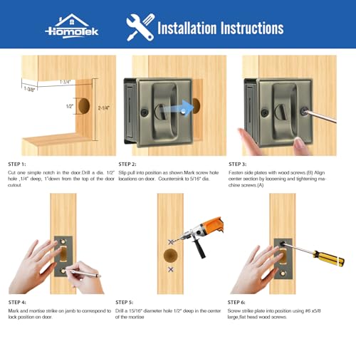 HOMOTEK 2 Pack Privacy Sliding Door Lock with Pull - Replace Old Or Damaged Pocket Door Locks Hardware Quickly and Easily, 2-3/4”x2-1/2”, for 1-3/8” Thickness Door, Antique Brass - Thumbnail 5