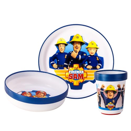 Sam le pompier 3 pièces réutilisables Bicolore Premium Service de table pour enfants Assiette, bol et gobelet, sans BPA
