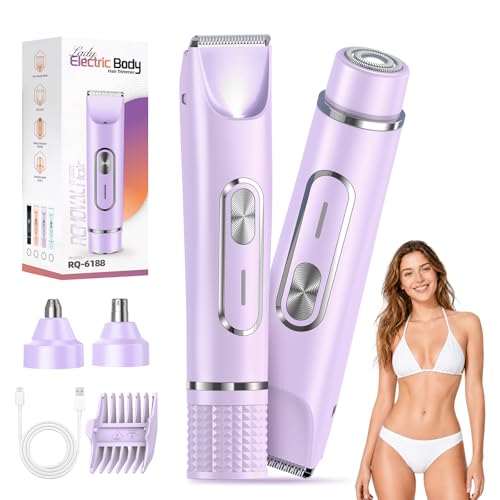 JTF Depiladora Eléctrica para Mujer 4 en 1, Afeitadora de Doble Cabeza IPX7 Impermeable para Bikini, Axilas, Facial, Nariz y Cejas – Afeitadora Mujer Zona Intima Uso Húmedo y Seco (Morado)