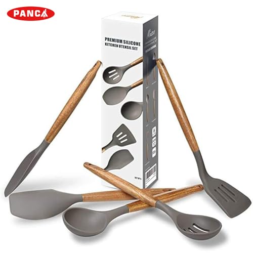 Image of PANCA Non-Stick Silicone Spatula & Spoon Set (5 Pcs) | Heat Resistant Cooking Utensil Set with Wooden Handle | BPA Free Kitchen Tools for Non-Stick Cookware, Mixing, Serving & Cooking (Grey)