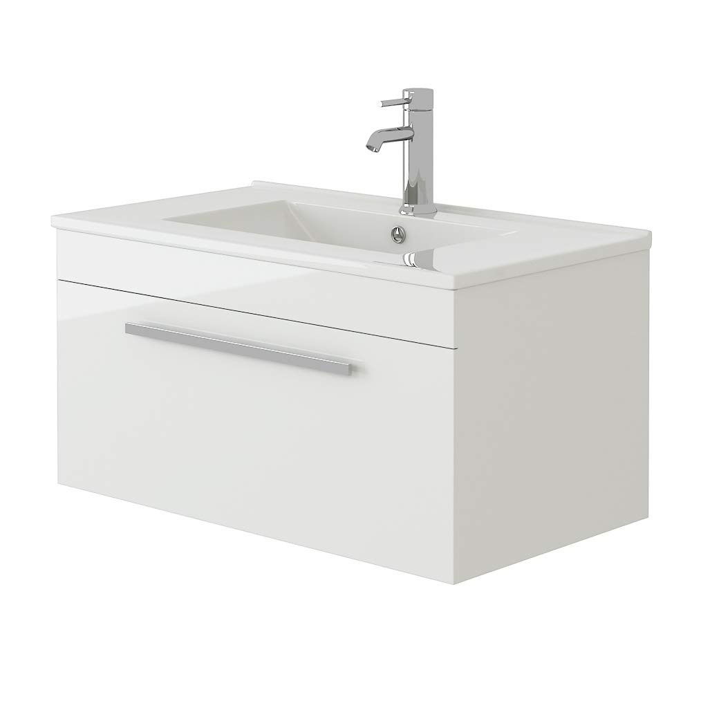 VeeBath Venus 700 Wall Hung Vanity Unit, Slim Wash Basin Bathroom Sink, Soft Close Door, Cloakroom Wall Mounted Storage Cabinet- White (Flat Pack)
