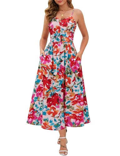 Image of Annebouti Women 2026 Summer Spring Ruched Maxi Dress Adjustable Spaghetti Strap Floral Beach Long Sundress with Pockets