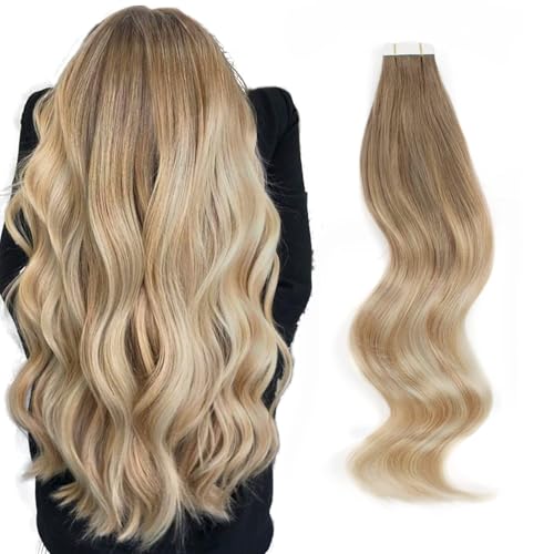 ABH AMAZINGBEAUTY HAIR Balayage Remy Tape in Hair Extensions 22 Inch Ash Brown Fading into Dirty Blonde with Platinum Blonde Tape in Extensions Highlights #B8-18/60 50G