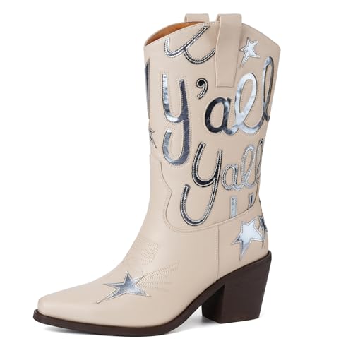 WRFCZGF Cowboy Boots for Women Mid Calf Cowgirl Boots Pull On Beige 8