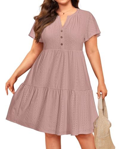 Image of Plus Size Summer Dress Casual Short Sleeve Button Midi Sun Dresses Women