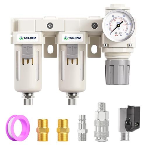 TAILONZ PNEUMATIC 1/2 Zoll BSP 3 in 1 Luftfilter Druckregler Combo Piggyback, Air Tool Compressor Filter mit Manometer AF4000+AF4000+AR4000
