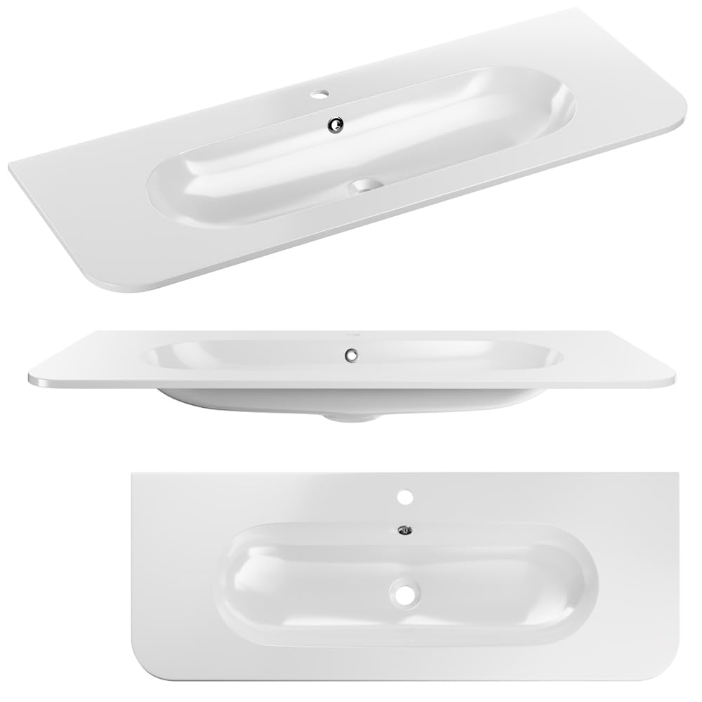 Lomadox Badezimmer-Waschtisch 120 cm in Eiche, gerillt, mit Keramik Waschbecken, 2 Schubladen, Softclose, Metallgriffe, abgerundete Kanten