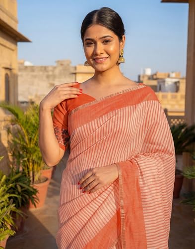Image of SIRIL Women's Cotton Linen Printed, Zari Border One Minute Ready To Wear Saree With Unstitched Blouse Piece