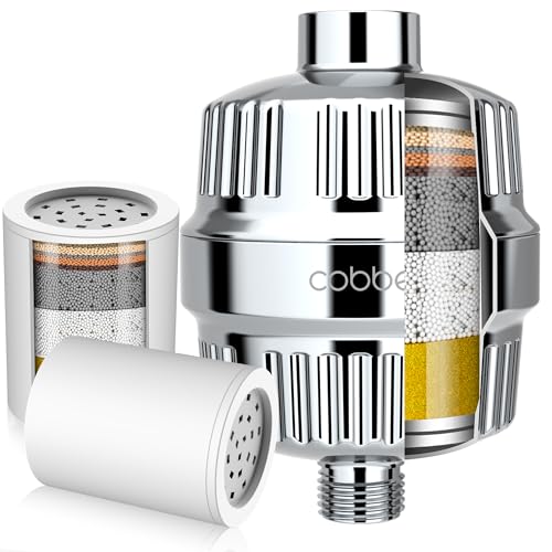 Cobbe Filtro de cabezal de ducha de 20 etapas con KDF 55 para agua dura, filtro de agua de alta salida con 2 cartuchos reemplazables, eliminación de cloro y sustancias nocivas, cromado