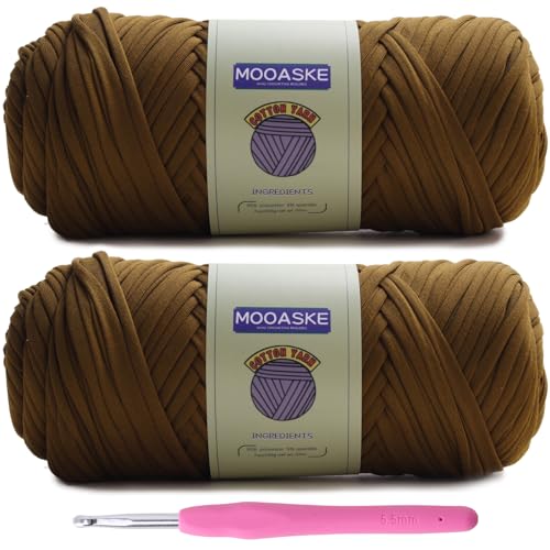 Image of Mooaske 2 Pack T-Shirt Crochet Yarn for DIY Knitting Crochet Cloth Blanket Bag Dolls - 400g Chunky Thick Yarn for Crocheting with Polyester-Spandex Blend Elastic Fabric (Brown)