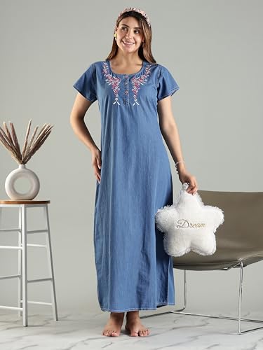 Image of 9shines Label Stylish Denim Cotton Nighty Maxi for Women | Full Length Trendy Nightgown | Premium Nightdress | Nightwear | Embroidery Nighty with Pocket (9SDS)