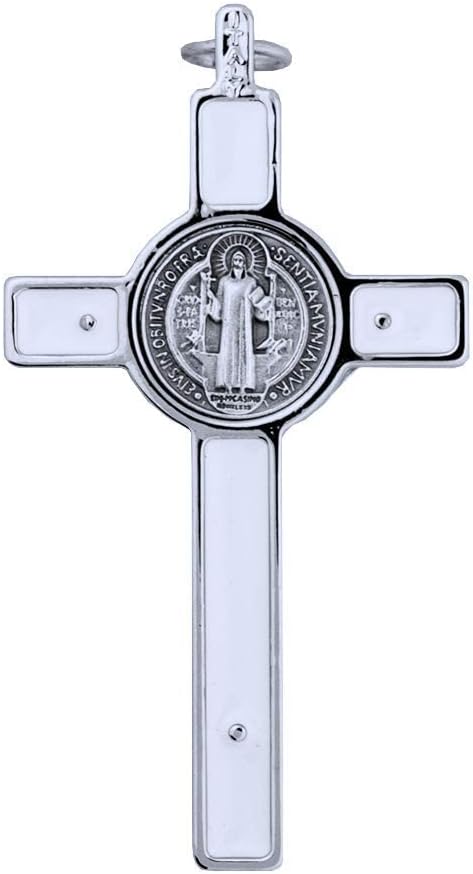 St. Benedict Crucifix with Round St. Benedict Medal Inlay | 3" Silver-Tone and White Enamel Cross with Cord and Booklet | Patron Saint of Students and Europe | Made in Italy
