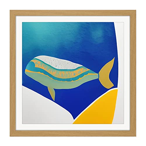 Abstract Colourful Whale Blue Yellow Watercolour Painting Square Wooden Framed Wall Art Print Picture 16X16 Inch Cover
