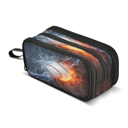 Image of Baseball Ball in Fire and Water Pencil Case 3 Compartment Pen Bag Pouch Holder Box School Portable Stationery Storage Bag for Girls Boys