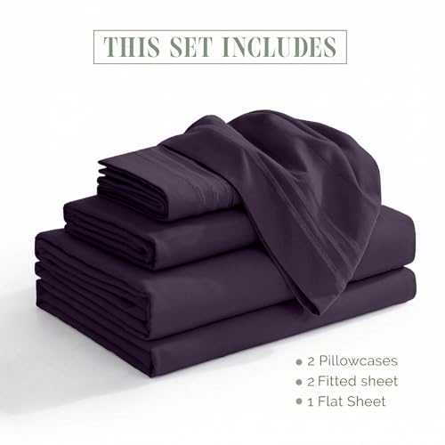 Image of Elegant Comfort Luxurious 1500 Premium Hotel Quality Microfiber Three Line Embroidered Softest 5-Piece Bed Sheet Set, Wrinkle and Fade Resistant, Split King, Purple