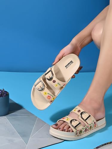 Image of Women Floral Double Strap Buckle Slides | Embroidered Casual Slip-On Sandals for Girls | Lightweight Anti-Slip Comfortable Everyday Wear Flats