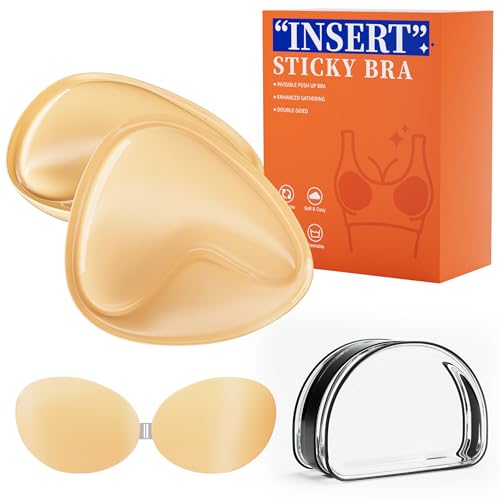 Ultra Double Sided Bra Pads Inserts, Sticky Bra Push Up, Strapless Backless Bras for Women with Pair of Silicone Adhesive Bras for Bikini (Medium, Warm) Beige