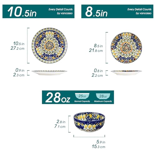 Image of vancasso 12 Pieces Dinnerware Sets, Blue Plates and Bowls Set, Porcelain Dishes Set for 4, Microwave and Dishwasher Safe, Scratch Resistant, Bohemian Style Dining Ware Service for 4, Series SIMI