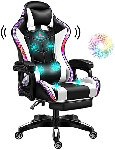 Gaming Chair with RGB LED Lights and Speakers, Massage Computer Chair Ergonomic Racing Office Chair PU Leather Recliner Swivel E-Sports Chair with Lumbar Support Headrest Armrest and footrest,White