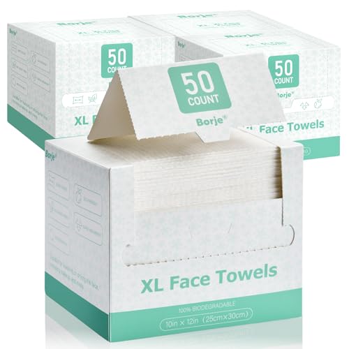 Image of Borje Face Towels XL, Thick Disposable Face Towel 10 inch x 12 inch, 200 Count (4 Packs of 50), 100% USDA Biobased Soft Facial Towelettes, Makeup Remover Dry Wipes for Women Cleansing