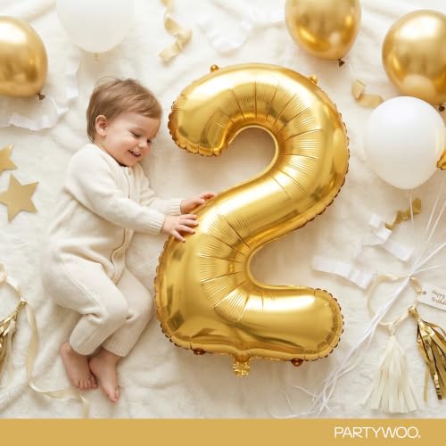 Image of PartyWoo Metallic Gold Number 2 Balloon 40 Inch 25pcs Gold Foil Star White