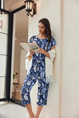 Image of Ekouaer Womens Pajama Set Short Sleeve Sleepwear Pleated Floral Pjs Set Capri Pants Lounge Sets with Pockets S-XXL