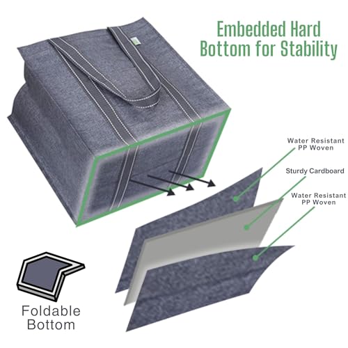 VENO 4 Pack Reusable Grocery Bags with Long Handle & Front Pocket, Heavy-Duty Shopping Tote Bags with Hard Bottom, Large Water Resistant Foldable Shopping Bags