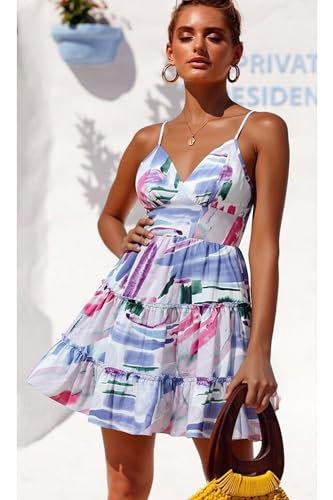 Image of ECOWISH Summer Dresses for Women 2026 V-Neck Spaghetti Strap Bowknot Backless Sleeveless Lace Mini Swing Skater Dress