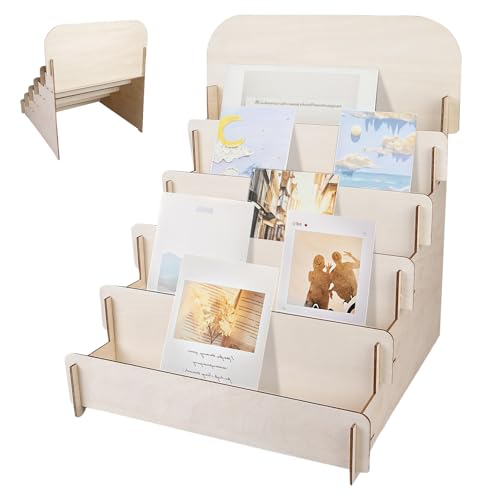 Soporte para tarjetas de madera con soporte de 5 pisos, soporte para tarjetas postales, soporte para tarjetas de felicitación, soporte para presentación, soporte para tarjetas de visita autoinstalable