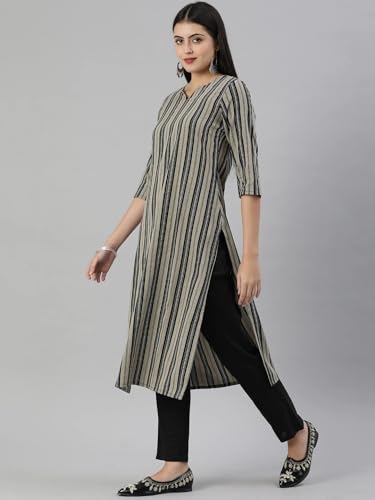 Image of Saanjh Women's Fit Straight Cotton Blend Long Kurta, 3 /4 Sleeve, Knee Length Kurtis, Casual and Office Wear